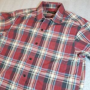 Orvis Men's MEDIUM Indian Madras Plaid 100% Cotton Red Button Up SS Shirt Hiking
